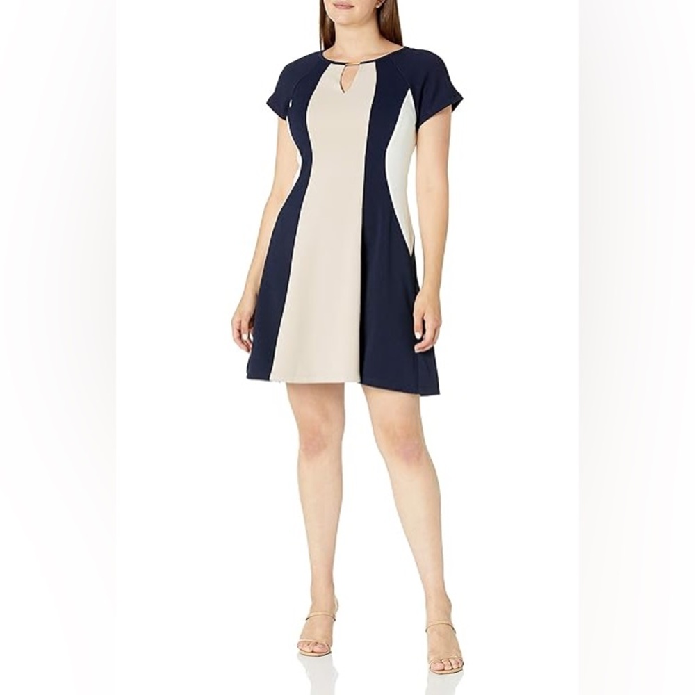 Sandra Darren navy, tan, and white short sleeve color block dress NWT